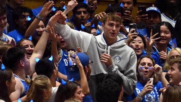 Oct 20, 2023; Durham, NC, USA; Duke Blue Devils recruit Cooper Flagg is greeted by fans during Countdown to Craziness at Cameron Indoor Stadium. Mandatory Credit: Rob Kinnan-USA TODAY Sports